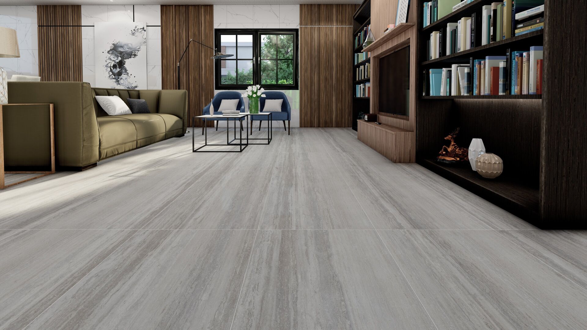 Colección Arcadia Gris Medio — porcelanato instalado en ambiente