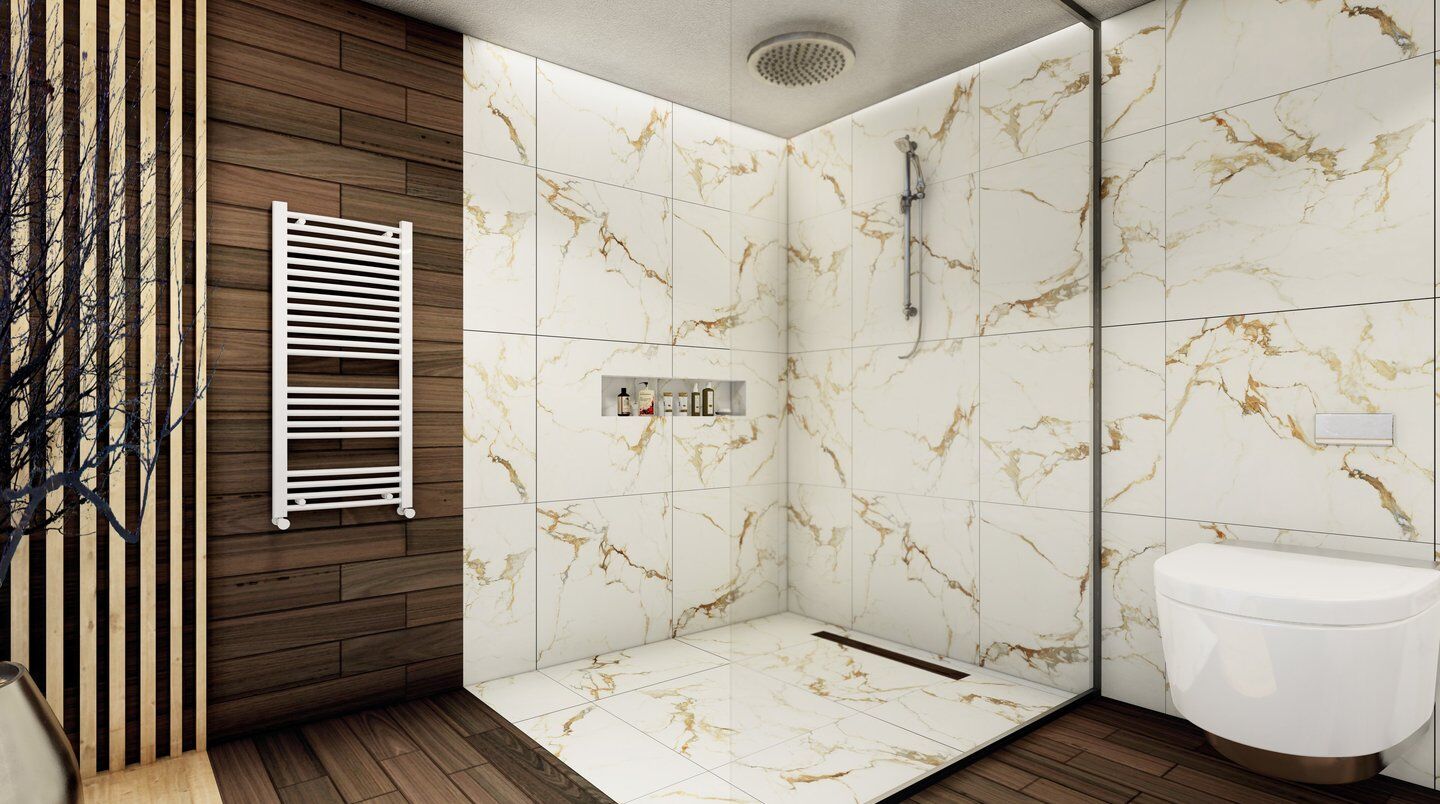 Colección Calacatta Vecchia — porcelanato instalado en ambiente