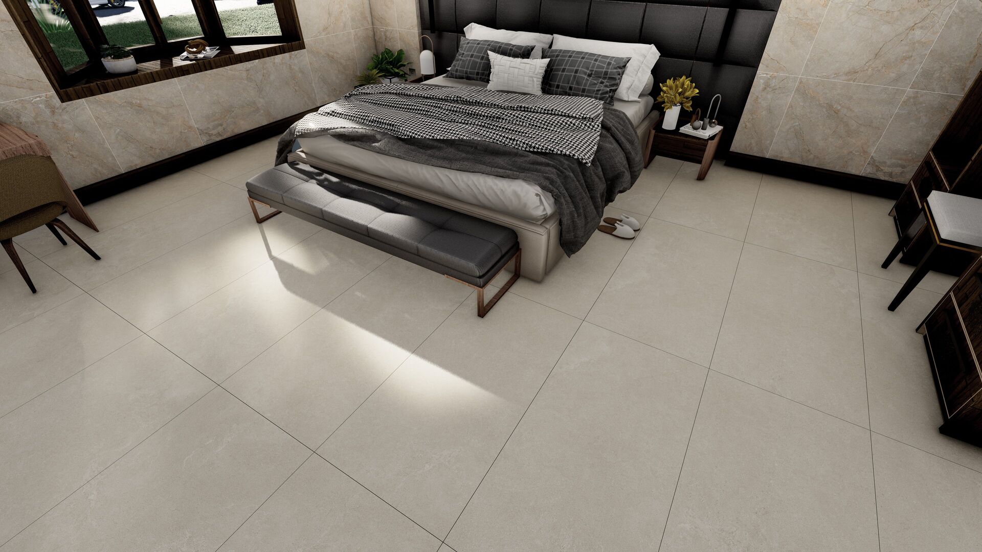 Colección Salerno Sandy — porcelanato instalado en ambiente