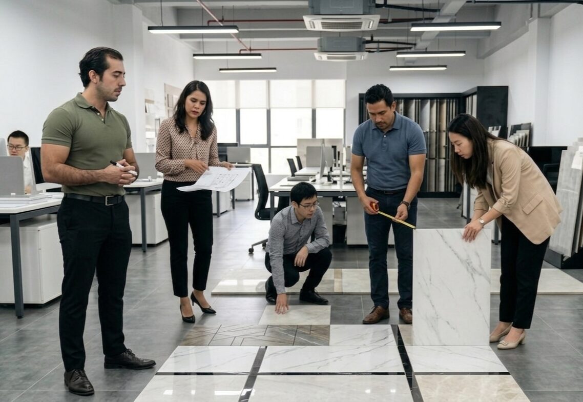 Equipo midiendo y componiendo piezas de porcelanato sobre el piso