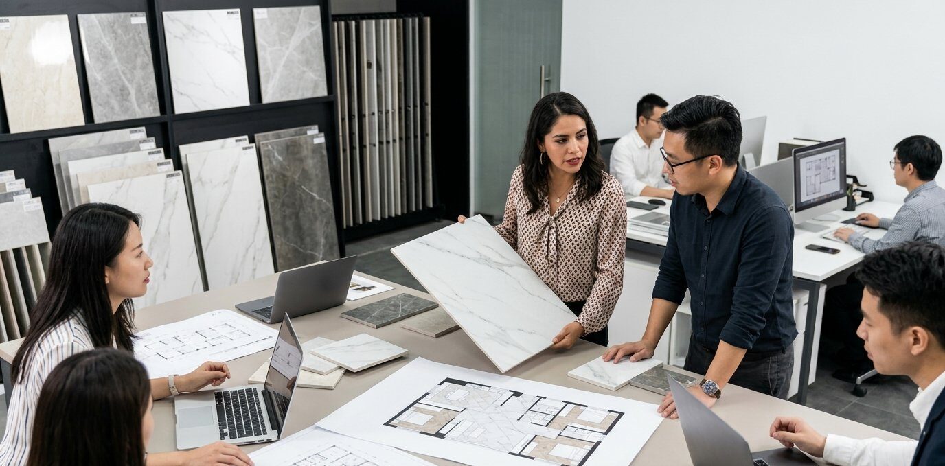 Equipo revisando placas de porcelanato gran formato en el showroom